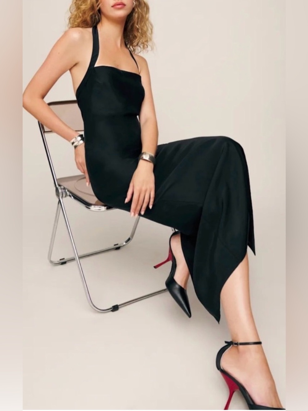 NEW Reformation Alli Silk Halter Midi Dress Sz 8 Black Noir - Picture 4 of 11